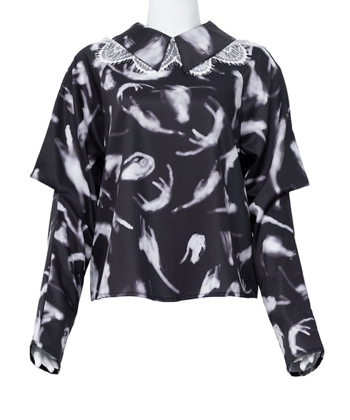 Feather Print Lace Collar Blouse